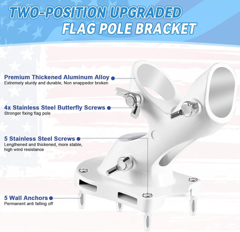 REERON Flag Pole Brackets for House, 2-Positions Metal 1" Flagpole Holder Mounts, Aluminium Rustproof Outside Flag Pole Wall Porch Mounting Bracket with 3 Fixed Holes & Steel Hardwares (White-2 Pack) - Image 3
